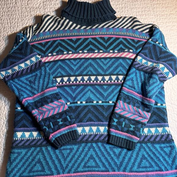 Vintage SSP Turtleneck Sweater L Ramie Cotton 80s 90s Teal Pink Purple RN 67992 - Picture 1 of 9